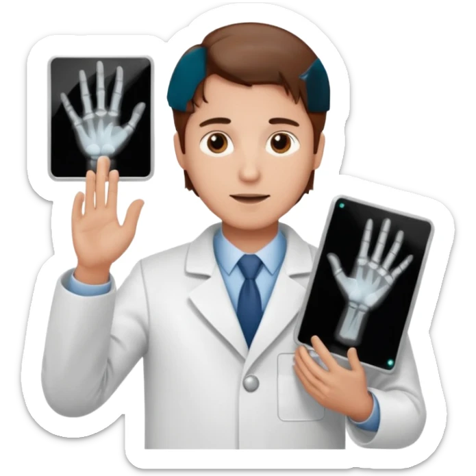Radiografía de mano sostenida por un hombre con bata blanca  piel clara cabello café sticker