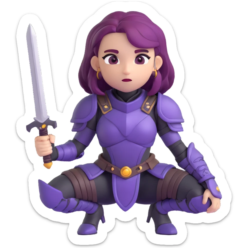 mysterious warrior girl with flowing purple hair, dressed in black armor, crouched and ready to spring into action, emoji style sticker