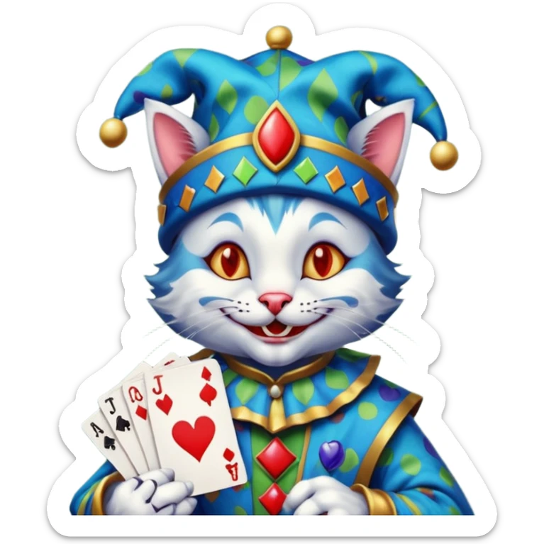 crazy colorful cute little cat jolly joker from poker, medieval, vintage, court jester, mac os icon, blue color, holds a single poker card on the right paw sticker