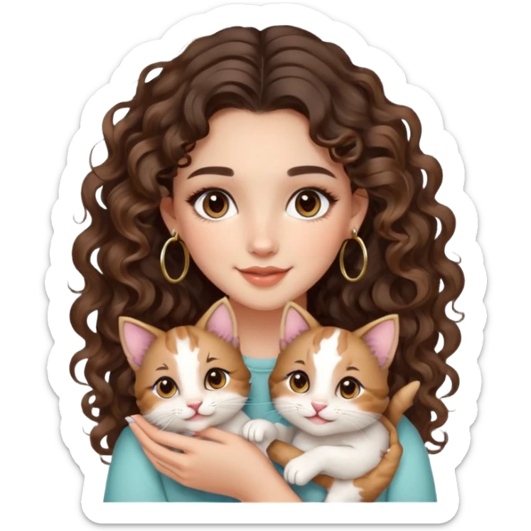cute girl long brunette balayage curly/wavy not voluminous hair, brown eyes, hoop earrings, natural pretty clean girl makeup: SUUUUPER happy while holding kitties sticker