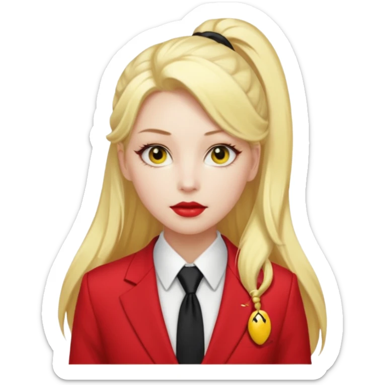 Woman with porcelain white skin, thick blonde hair that's in a thick, long ponytail, has a black nose, yellow scleras, red pupils, and a red suit with a black tie. sticker