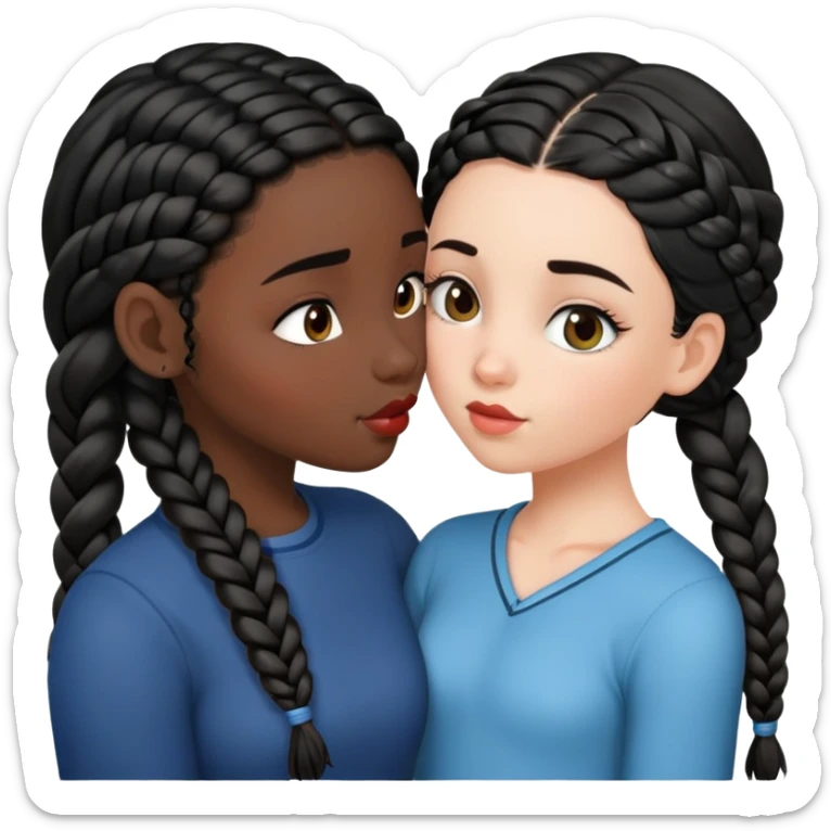 A white girl with black hair kissing a black girl with braids sticker