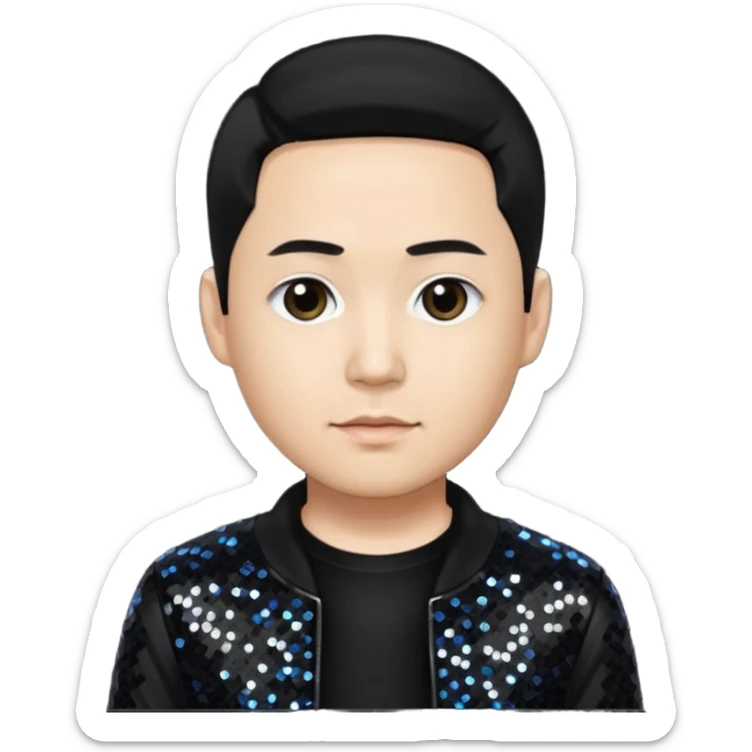 Joe Hahn from Linkin Park with black hair, light skin, black sequin outfit sticker