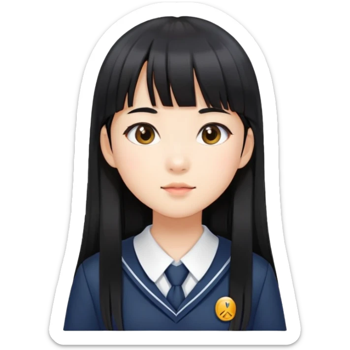 young Asian girl in school uniform, long straight black hair with straight bangs sticker