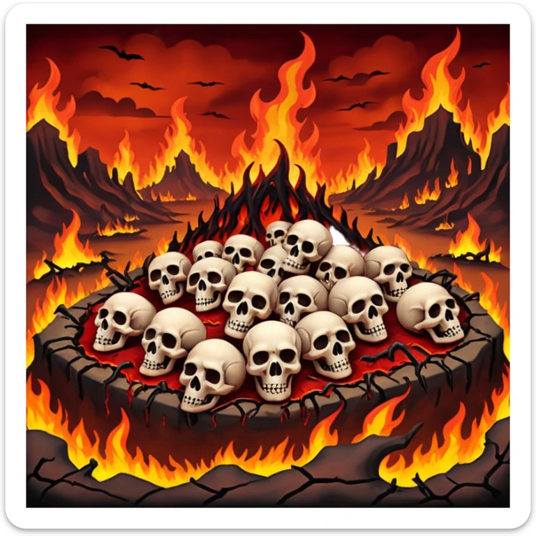 A burning hell landscape in the style of rott8ng corpses in the style of your bloody skull art. More detailed, extreme detail sticker