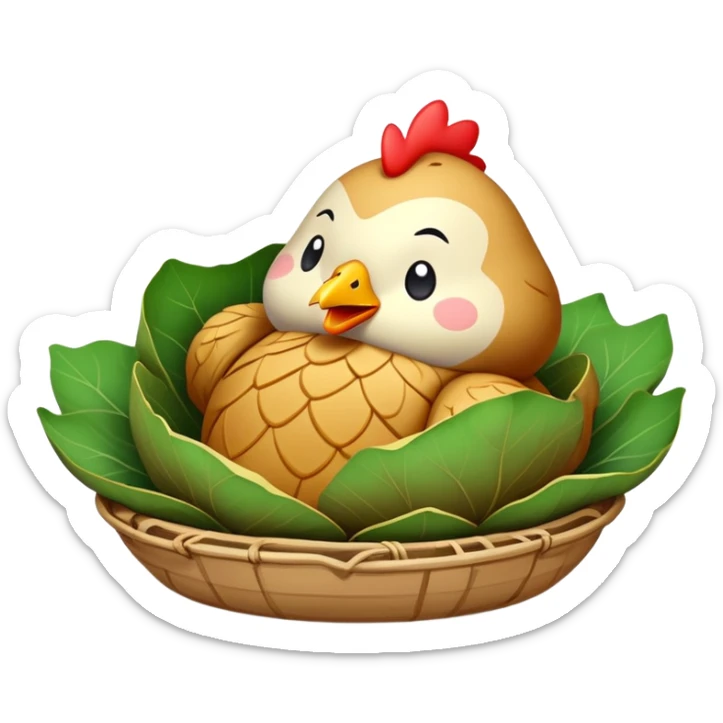 Beggar's Chicken wrapped in lotus leaf and clay, simplified emoji style with bold outlines and bright colors, cartoon style traditional Hangzhou dish before cracking sticker