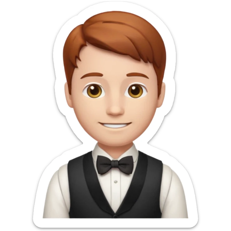 young gentleman emoji, straight auburn hair, wearing a vest and bow tie, warm smile sticker