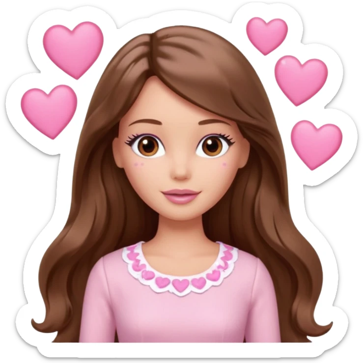 Barbie girl brown long straight wavy hair and brown eyes is In pale pink clothes There are pink hearts all around sticker