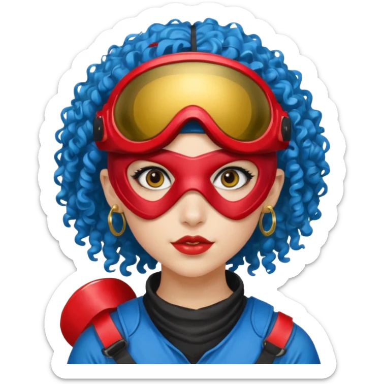 blue curly haired paintball playergirl with huge earrings, wearing red paintball eye mask helmet sticker