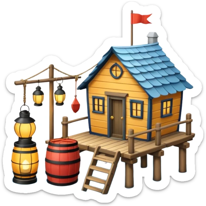 
fisherman house on a wooden pier, small dock, fishing nets hanging, barrels, lantern, ocean vibe, 3D cartoon, cute mobile game icon, clean background, no text
 sticker
