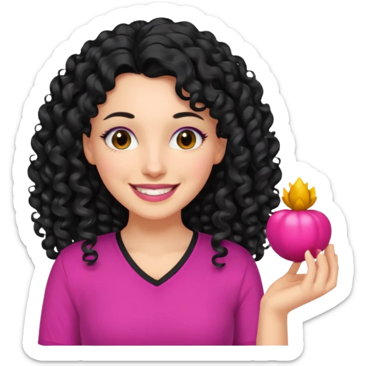 mujer blanca con cabello largo rizado negro sonriendo y con camisa fucsia sticker