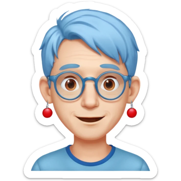 light blue haired man mid length hair with big ears and red earrings and spectacles happy sticker