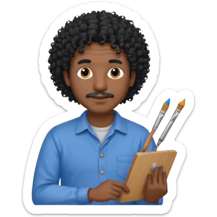 homme 50 ans cheveux frisé noir artiste peintre chemisse bleu sticker