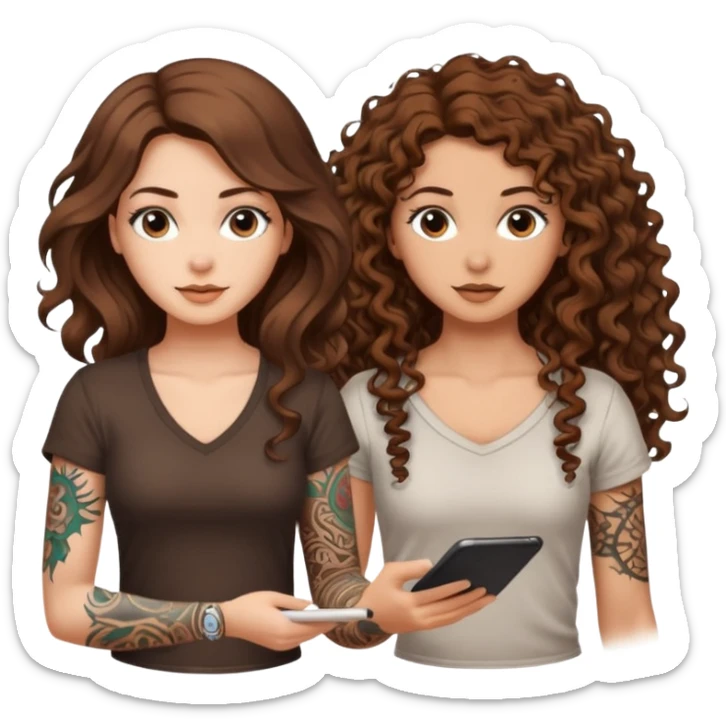 formula drawing — long wavy brown hair tattooed woman and short tight curly brown hair woman — rune sketch ground sticker