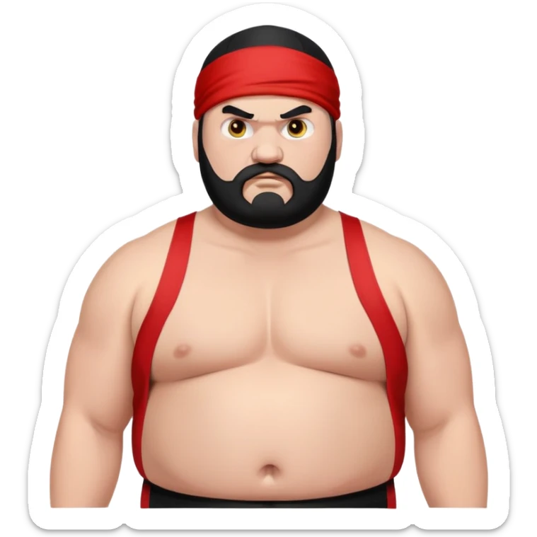 Close-up of morbidly obese white skin guy with young face, prominent BLACK DURAG tied clearly on head, distinct black beard and mustache, no muscle, black eyes in a red and black wrestling singlet with angry face sticker