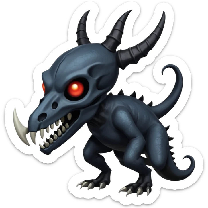 Shiny Dark Edgy  Duskull-Salandit-Inteleon-Amaura-Fakémon-hybrid-creature (full body) with a horned animal-skull-mask sticker