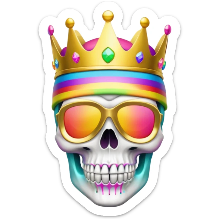 colorful skull with rainbow colors wearing a golden crown and neon ski mask sticker