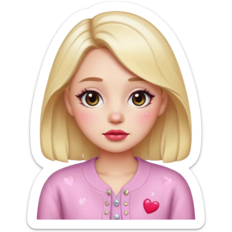 “Emoji girl, dewy skin, heavy blush across cheeks and nose bridge, glossy cherry lips, soft puppy eyeliner, teary sparkling eyes, pastel cardigan.” sticker
