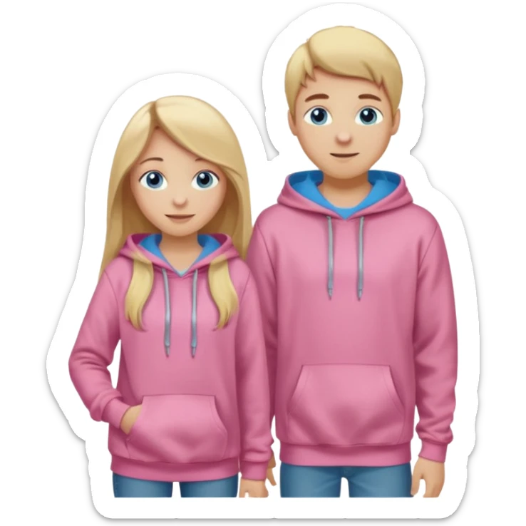 full-length happy couple, girl with long blonde hair and blue eyes in pink hoodie, boy with brown hair in gray hoodie sticker