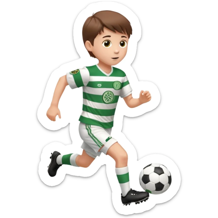 Celtic footballer jersey logo  6 years old brown hair white boy , brown eyes , stripes uniform , RUNNING  with soccer ball # 17 celtic football logo PUT ONLY ONE LOGO ONE CELTIC LOGO ONLY white shorts sticker