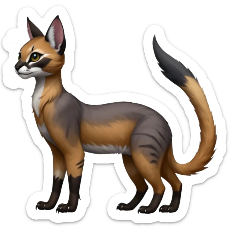 Colorful dark black gloomy spooky pointy foggy smoky points-marked glorious hyper-realistic exotic cute cool beautiful beautiful fantasy-caracal-civet-genet-sergal-vernid-Gryphon-Cacomistle-Trico-oncilla-animal-Fakémon-hybrid-fursona (full body) sticker