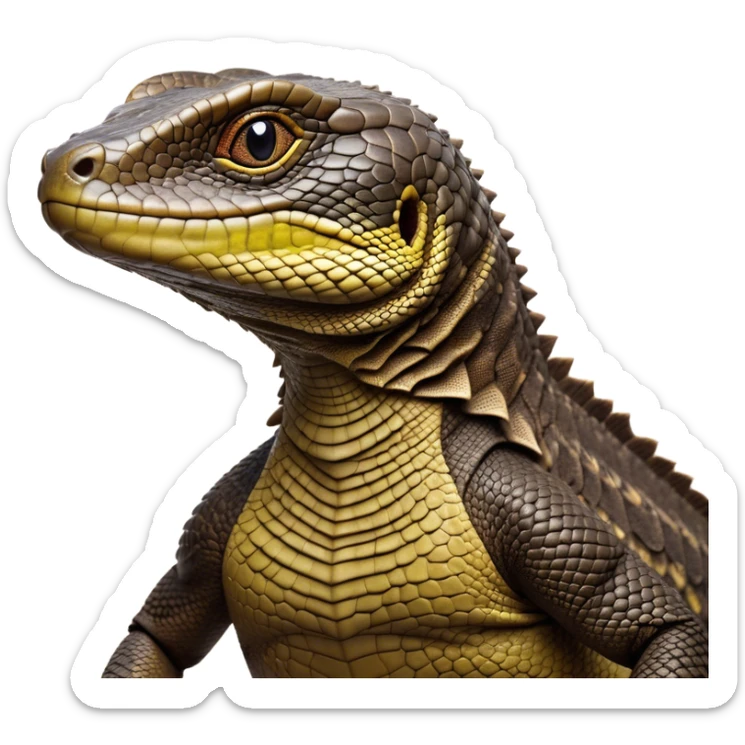 Cinematic Realistic Noble Monitor Lizard Portrait Emoji, Poised and imposing, with a robust, muscular build and a rugged, intricately scaled hide in natural olive and dark brown tones, a sharply defined head with intense, observant eyes, rendered with lifelike detail and authentic texture, high shine, intelligent and formidable, styled with an air of desert authority, focused and attentive, soft glowing outline, capturing the essence of a watchful and confident monitor lizard that appears ready to stride out of the screen with effortless power! sticker