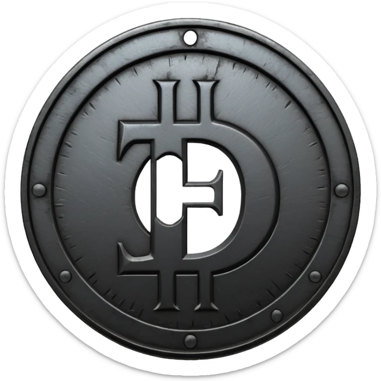 Minimal emoji, gothic metal coin made of black steel, engraved number f at the center, ancient industrial aesthetic, worn metal texture, no glow, no neon, flat emoji design, centered, transparent background sticker