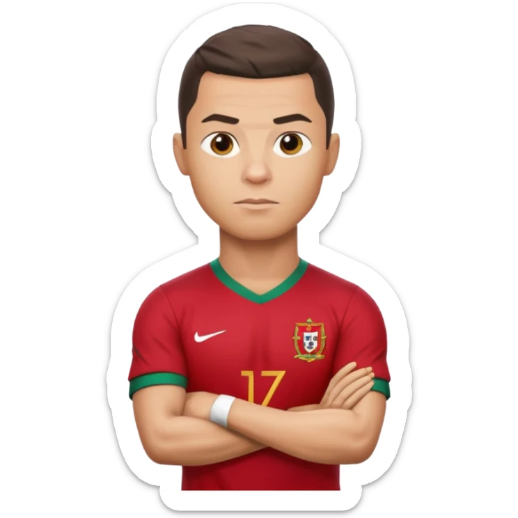 Cristiano Ronaldo as an apple-style emoji, serious face, arms crossed, Portugal jersey sticker