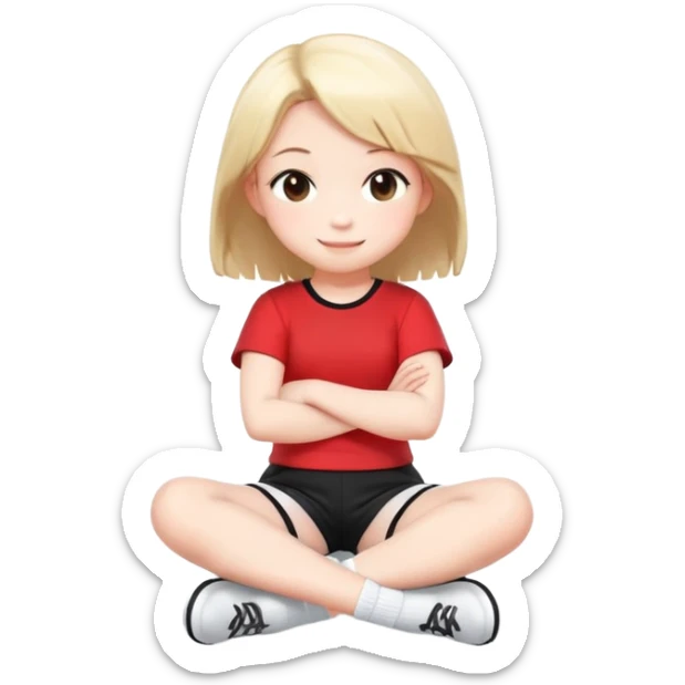 สร้างภาพตัวการ์ตูน "Cute 3D cartoon of a happy little girl with brown pigtails, sitting with her arms crossed, style manga/chibi"
"Adorable chibi girl with a smile face, sitting cross-legged, 3D render"
 wearing เสื้อสีแดง กางเกงขาสั้นสีดำ, ถุงเท้าสีขาว, รองเท้าสีขาว full body, illustration  sticker
