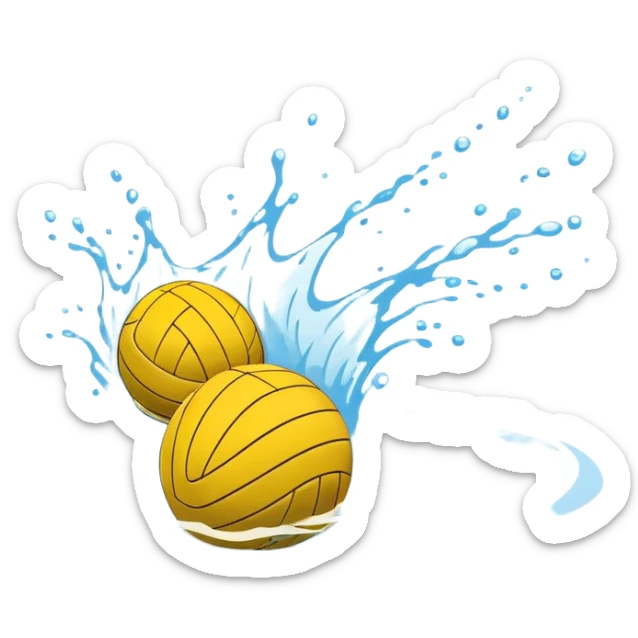 An icon featuring a yellow water polo ball floating on the water with goals in the background, inside a swimming pool. The design includes splashes and ripples, symbolizing the fast-paced action and strategy of water polo. Transparent background highlights. sticker