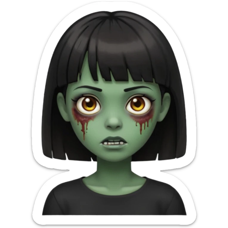 Zombie girl emoji verde escuro com cabelo curto liso preto no ombro e franja na altura da sobrancelha cobrindo completamente a testa, com uma blusa preta, olhos castanhos escuros sticker