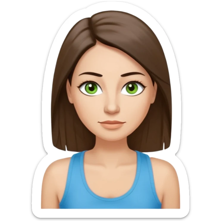 43 year old Adult woman avatar, light skin tone, long, oval face, long straight ashy brown hair, green almond-shaped eyes with dramatic eyelashes and minimal eyeliner, neutral mouth, medium straight eyebrows, small nose, smooth skin, sky blue tank top sticker