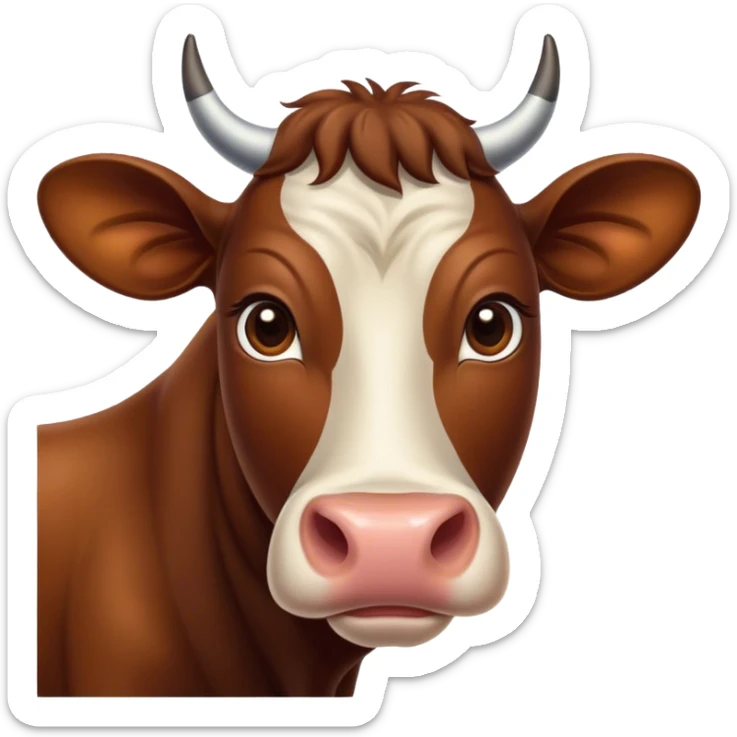 Cinematic Noble Brown Cow Portrait Emoji, Poised and regal, with a large, sturdy build and a smooth, well-groomed deep brown hide, deep-set soulful brown eyes, Simplified yet sharp and sophisticated features, highly detailed, glowing with a soft, dignified glow, high shine, intelligent and calm, stylized with an air of pastoral majesty, focused and attentive, soft glowing outline, capturing the essence of a watchful and confident bovine guardian, so majestic it feels as though it could amble out of the screen with effortless authority! sticker