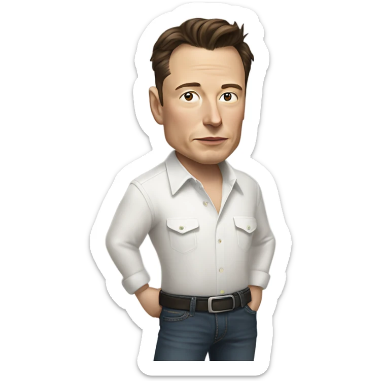 A portrait of Elon Musk with a thoughtful expression, wearing a casual outfit such as a white shirt and dark jeans, with a few strands of hair falling across his forehead. sticker