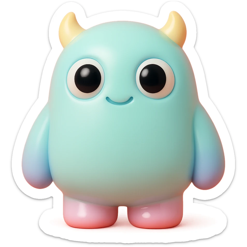 cute monster with round body, big eyes, small horns, pastel colors, toy-like sticker