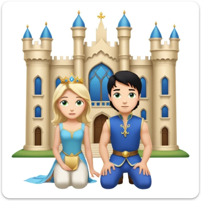 Man as prince, upright, black Hair, blue eyes, woman, blonde, green eyes, shott white sleveless Dress, kneeling, background palace sticker