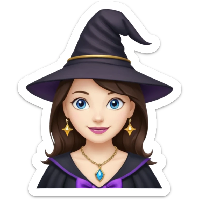 Witchy brunette haired blue eyed white girl with a witty smile a gold necklace and a black witch hat with a purple bow sticker
