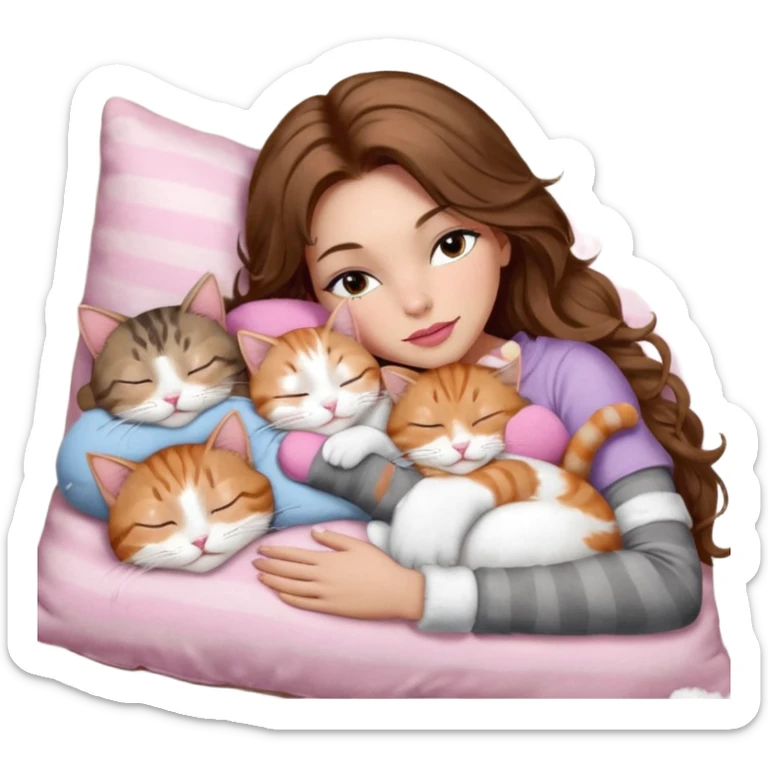 girl with long wavy brown hair, brown eyes, long lashes makeup, sexy pink lips, light to medium complexion,  sleeping on a cozy pillow, with 6 cats: 1 brown and white tabby cat, 1 ginger and white, 2 grey and white, 1 grey has white mittens and small white patch on its chest and 1 calico, sleeping sticker