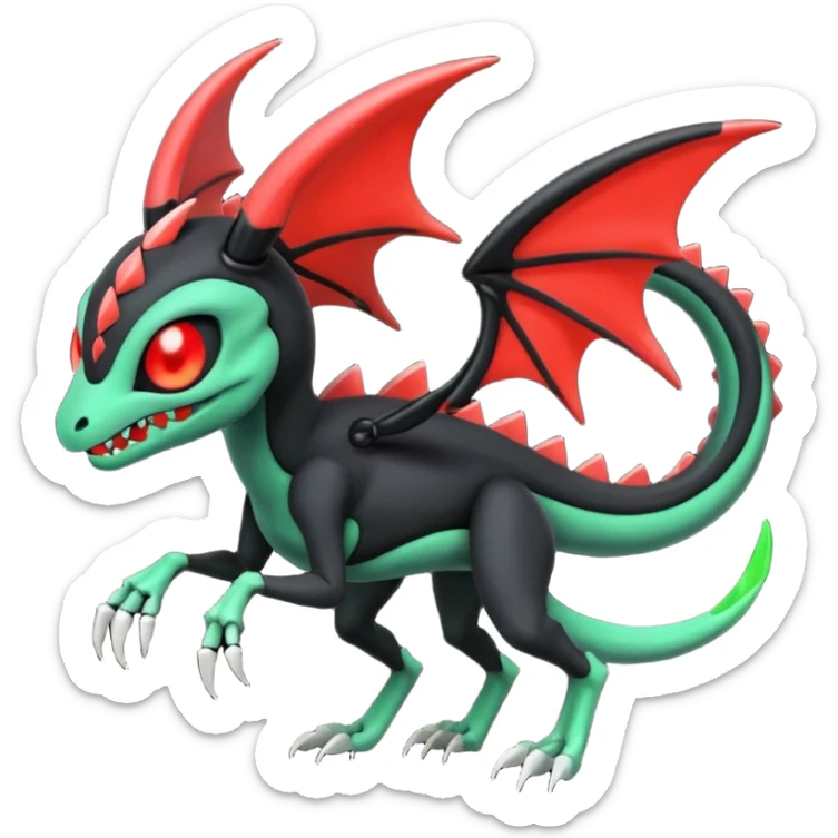 Obsidian-black and neon-glowing-green skeletal Meloetta-Salandit-Gorebyss-Salazzle-Pokémon-Fakémon-creature-fusion-hybrid with glowing crimson-red evil slit eyes sticker