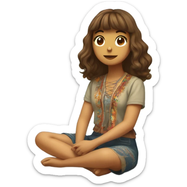 Girl with shoulder length wavy brown hair with bangs in hippie clothing  mediating by lake with trees  sticker