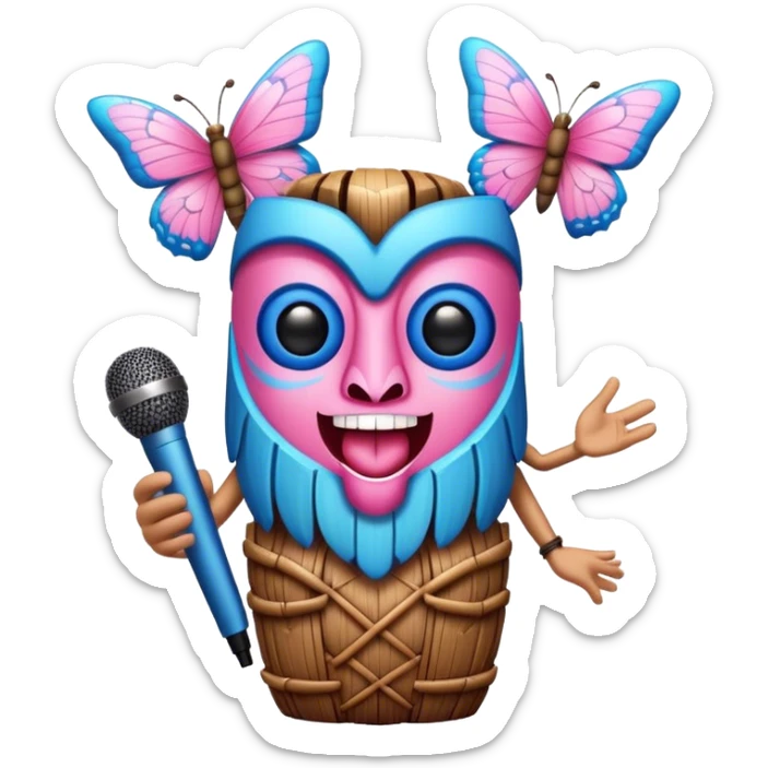 Cartoon Blue and pink tiki singing with butterfly and in the mikrophone sticker