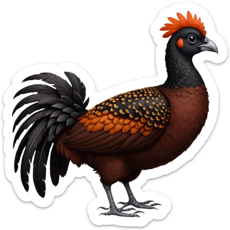A full-body image of a large, dark-colored bird resembling a curassow or guam, standing on a white background. The bird's body is predominantly a rich reddish-brown or chestnut color, with a pattern of fine white speckling or barring sticker