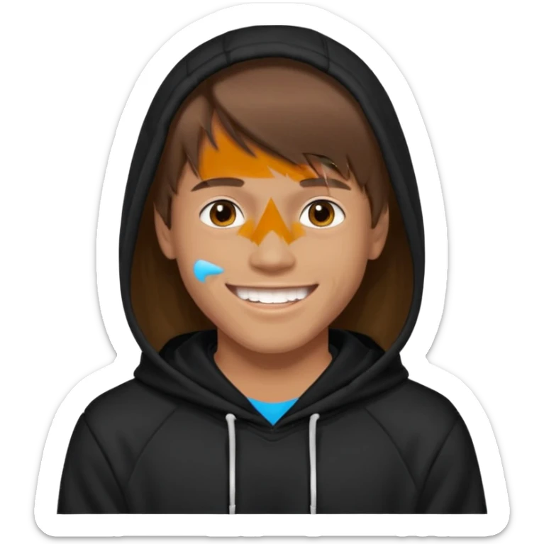 20 yr old man, brown hair, straight, big smile, white teeth, tanned skin, bangs, black hooded sweatshirt, long hair in back, middle parted bangs sticker
