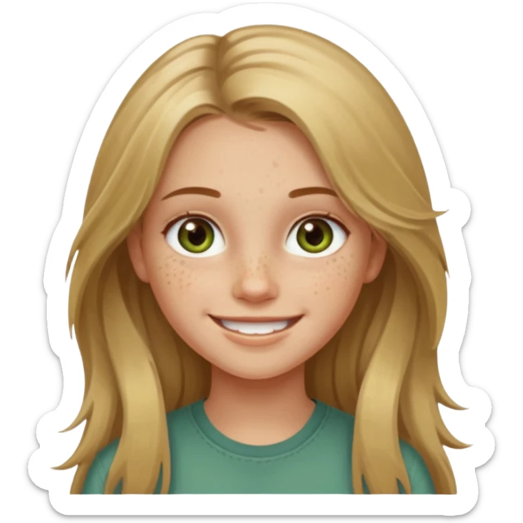 A smiling young girl with long dirty blonde hair and hazel green eyes sticker