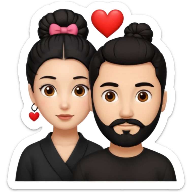 Create a woman with Brown eyes and black hair tied up in a bun and make a man next to her with brown eyes black hair and black beard and make hearts around them sticker
