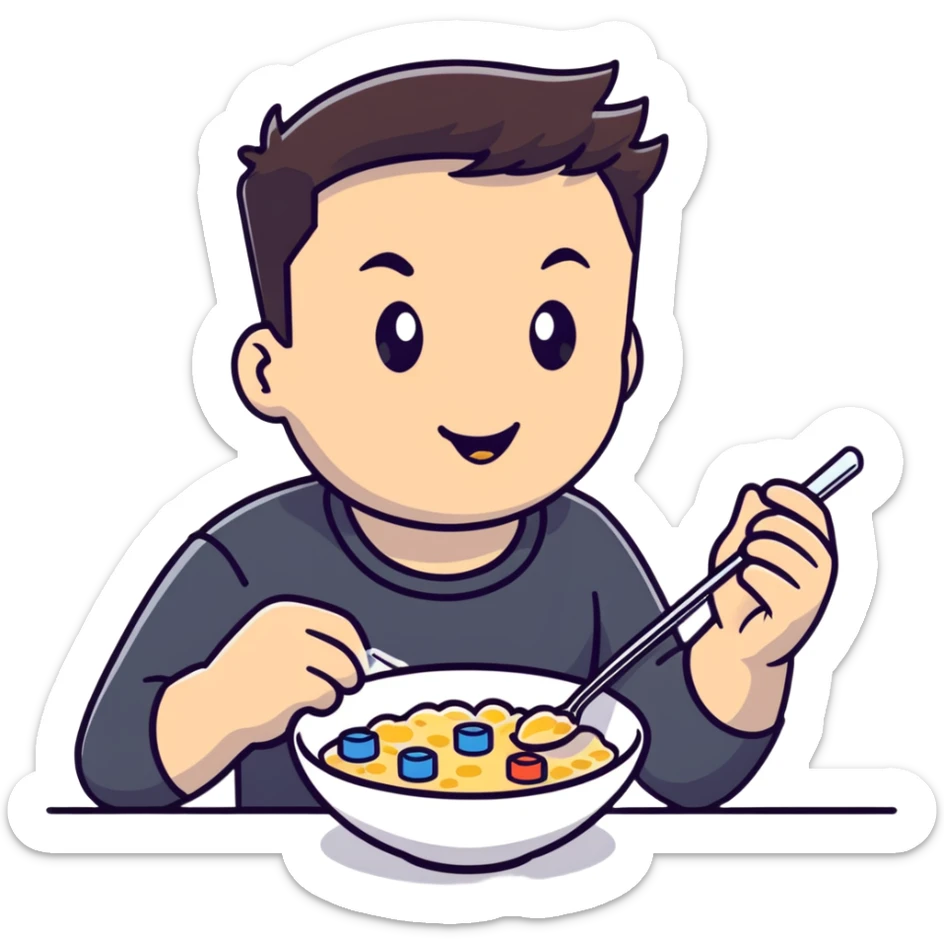 Elon Musk eating a bowl of cereal, tech entrepreneur with short dark hair enjoying breakfast sticker
