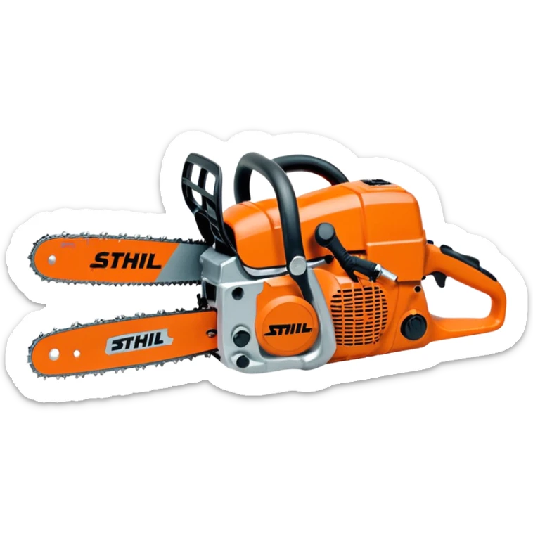 Kettensäge vom STIHL mit grauem Gehäuse, orangenem Deckel und schwarzen Griffen, die Schiene ist Grau mit Kette, seitlich ist das STIHL Logo in weißer Schrift in einem orangenem Kreis platziert sticker