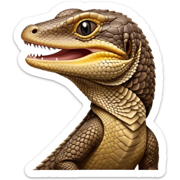 Cinematic Cute Yawning brown camo spotted monitor Lizard Portrait Emoji, Head tilted slightly with a dramatic, wide-open yawn, showcasing textured, patterned scales and sleepy, half-closed eyes exuding relaxed charm, Simplified yet irresistibly adorable features, highly detailed, glowing with a soft, cozy glow, high shine, relaxed yet expressive, stylized with a dash of whimsical wildness, soft glowing outline, capturing the essence of a drowsy yet affectionate reptile that appears ready to stretch out for a nap! sticker