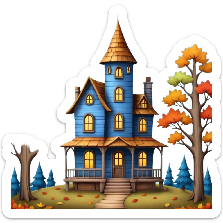  whimsical fantasy style scene of a tall skinny house among tall trees that are a mixture of lush and bare  trees that have a few colored fall leaves. Mysterious but warm inviting, clouded over blue quarter moon shape behind house. Still life very detailed & hyperrealistic  sticker