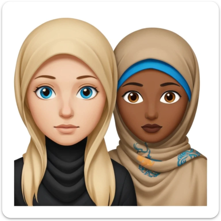 white girl with long blonde hair, blue eyes, tattoos, a septum nose piercing next to a dark skinned woman in a hijab with brown eyes sticker